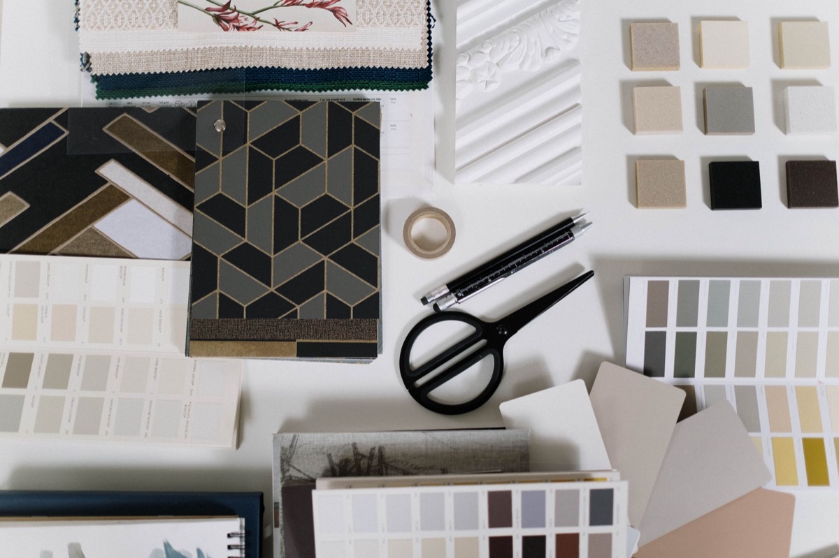 Close-up of material samples and color palettes used for interior planning