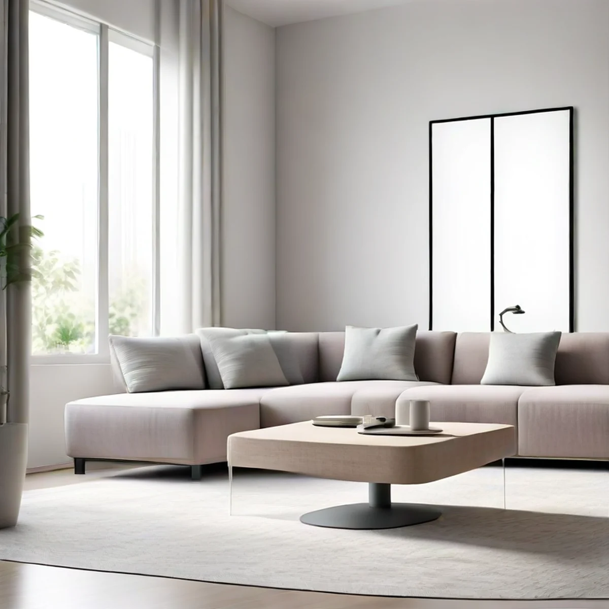 Sala de estar moderna com design minimalista e iluminação suave.
