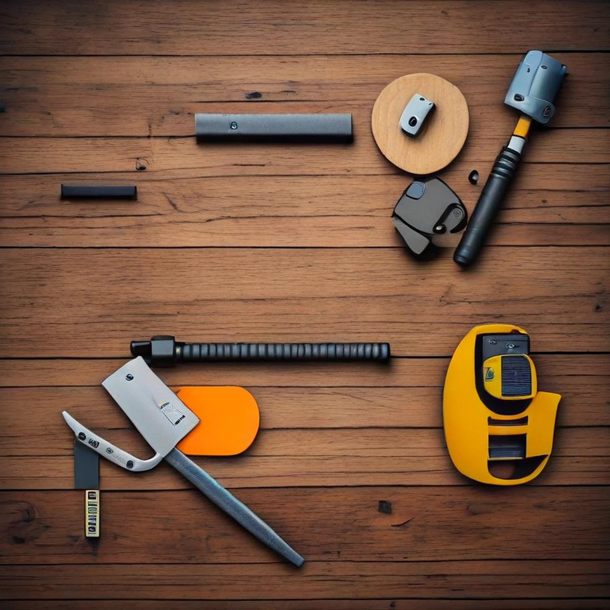 Vue de dessus d'outils de mesure et de construction sur du bois.