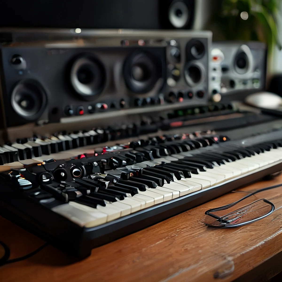 Muziekproductionsstudio tafel met monitoren, hoofdtelefoons en apparatuur.