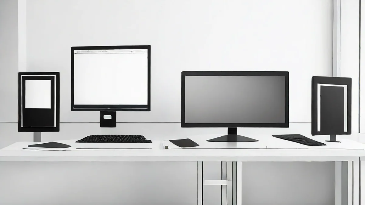 Multiple computer monitors arranged on a desk, showing various open windows and active applications.