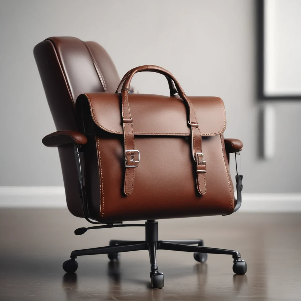 Un sac à dos en cuir brune professionnel sur un siège ergonomique noir, 24 mm de largeur, lumière naturelle, photo éditoriale réaliste.