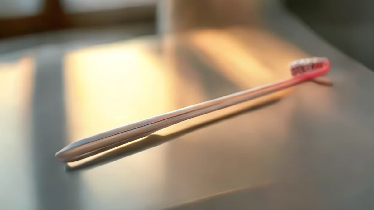 Zentriertes Zahninstrument, langes plastisches Werkzeug mit gerundetem Ende, auf einer glatten Glasplatte, unter warmem Seitenlicht, flache Schärfe, photorealistisch, scharfe Schärfe, hohe Details