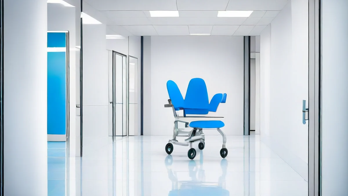 Eine lange, gedämpfte Krankenhaus-Gang mit weißen Wänden, blauen Türen und medizinischen Geräten.