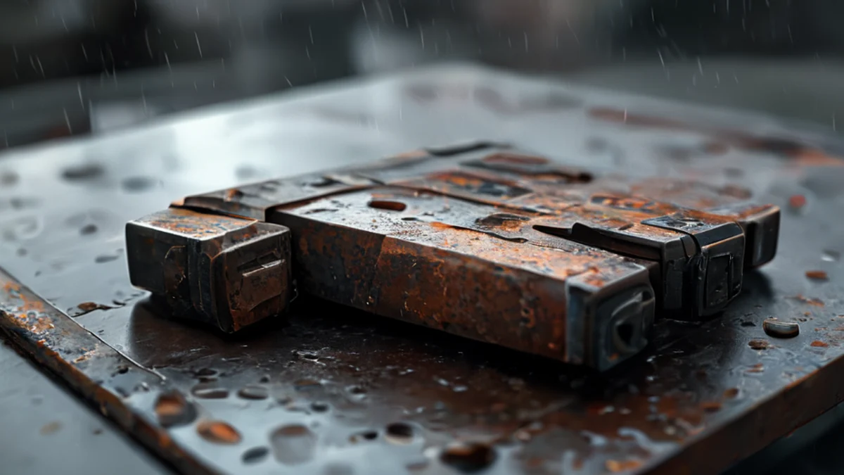 Tactical clip, steel, angular, rusted, on steel table, overcast light, shallow focus, photorealistic, high detail