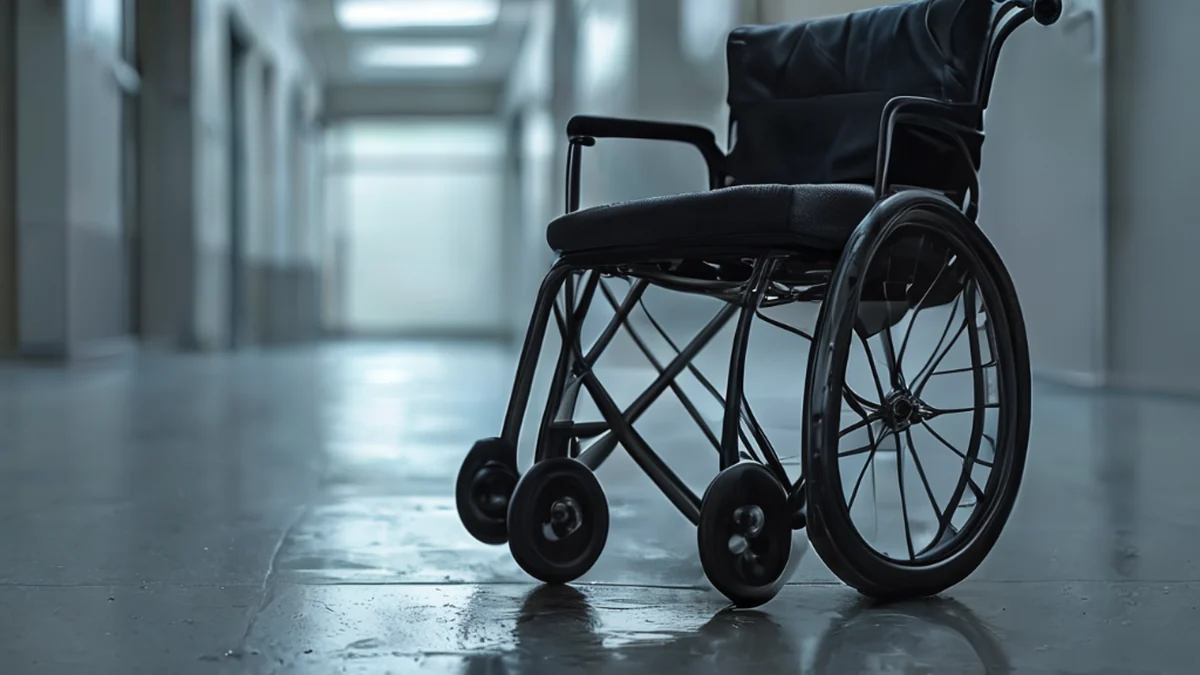 Ein Krankenwagen mit vier Rädern, der in einer Klinik verwendet wird, um Patienten zu transportieren.
