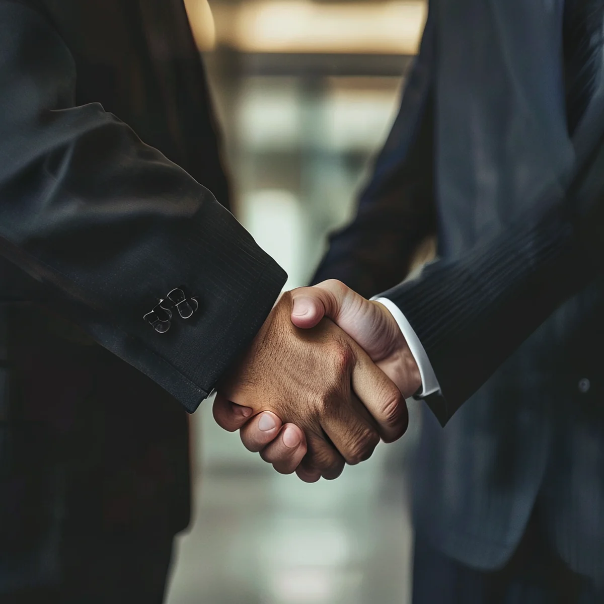 Two men in suits shake hands in a formal setting.