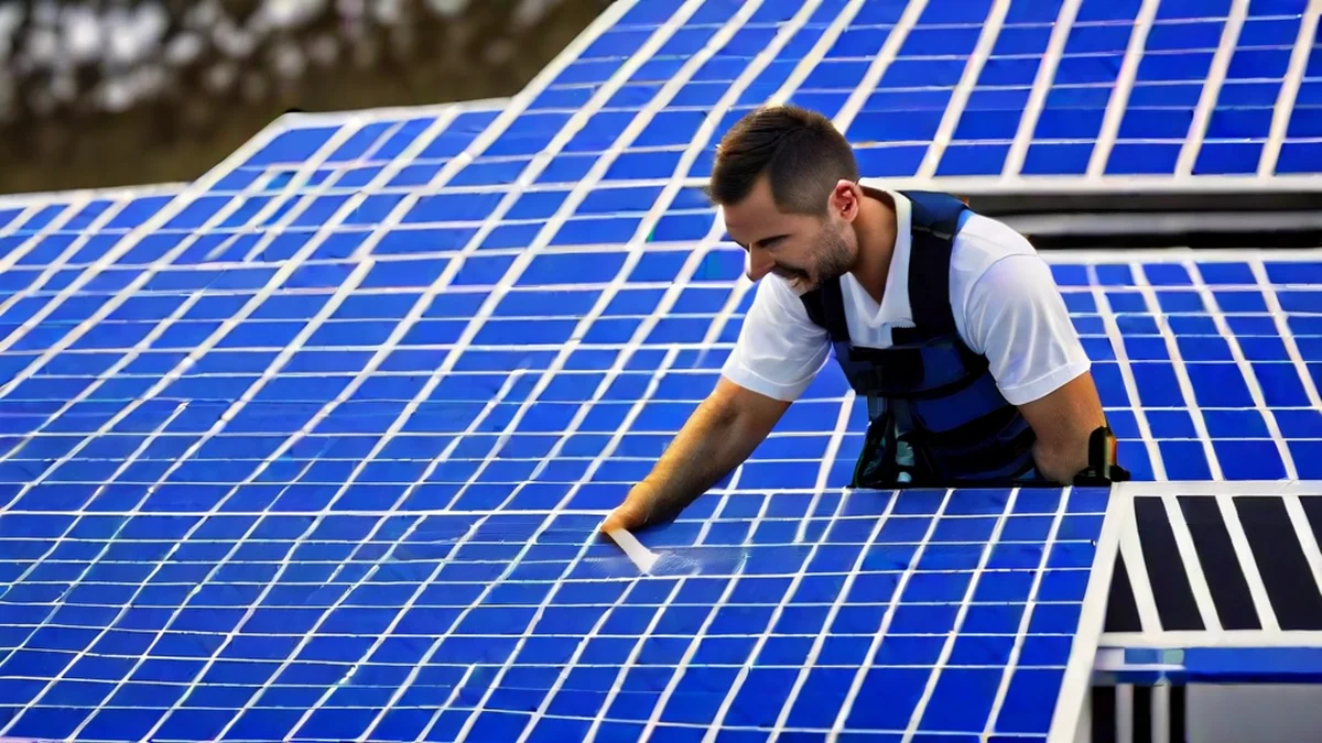 Un operaio che pulisce i pannelli solari su un tetto con un setola e acqua.